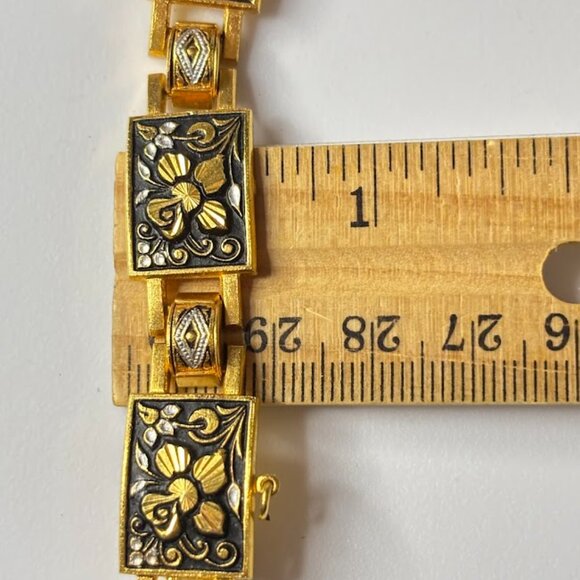 Vintage Damascene Floral Panel Link Bracelet Enamel Spain 7" Safety Chain Snap - Picture 13 of 14